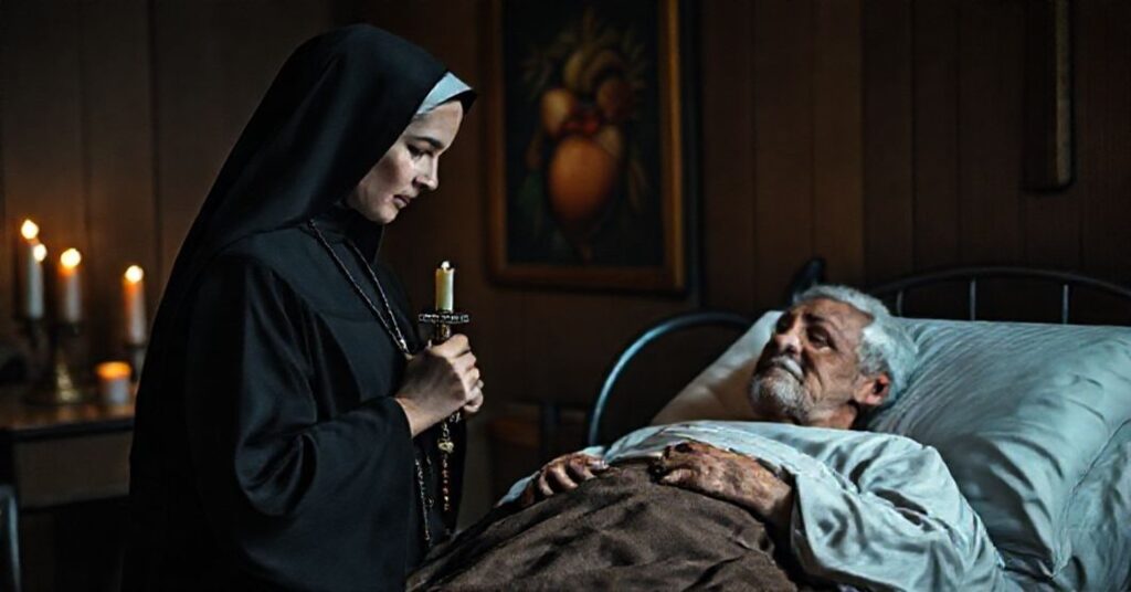 Tradycyjna zakonnica w czarnym habitie modli się przy łóżku umierającego mężczyzny z krzyżem i różańcem