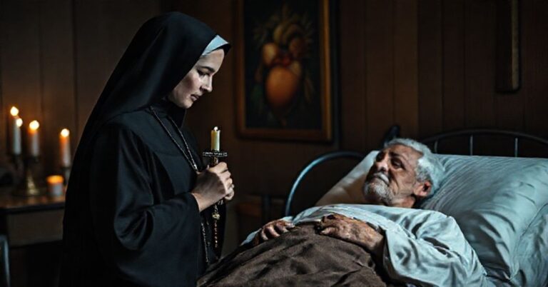 Tradycyjna zakonnica w czarnym habitie modli się przy łóżku umierającego mężczyzny z krzyżem i różańcem