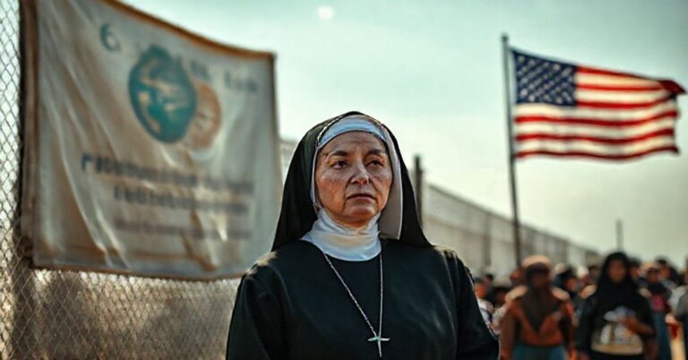 Zakonnica w tradycyjnym habicie stoi z troskliwym wyrazem twarzy przy granicy USA-Meksyk, obok grupy nielegalnych imigrantów. W tle widać rozumute logo Catholic Charities i przedawnioną flagę USA. Scena jest realistyczna i poważna.