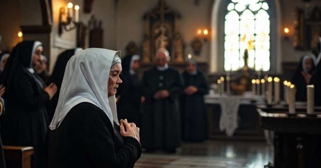 Stara zakonnica w czarnym habitzie z białym welonem modli się w kaplicy klasztornej podczas uroczystości religijnej. Wokół niej zgromadzone są inne siostry zakonne oraz księża w sutannach.