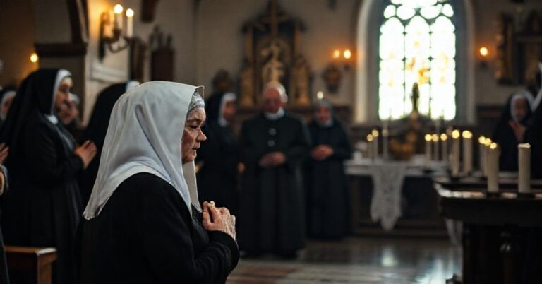 Stara zakonnica w czarnym habitzie z białym welonem modli się w kaplicy klasztornej podczas uroczystości religijnej. Wokół niej zgromadzone są inne siostry zakonne oraz księża w sutannach.
