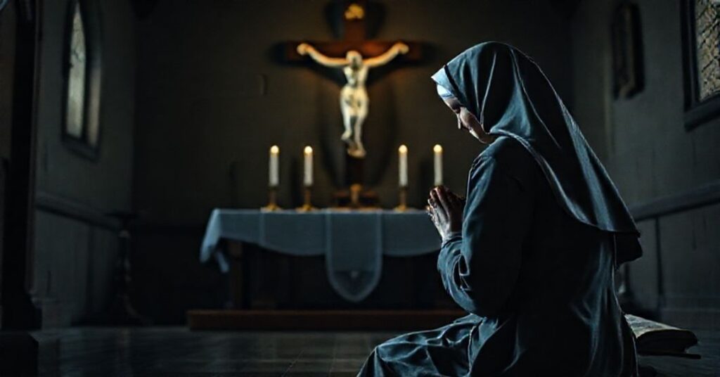 Zdjęcie przedstawiające tradycyjną zakonnicę w modlitewie przed krzyżem w kaplicy. Scena podkreśla duchowy poświęcenie i heroizm życia zakonnego.