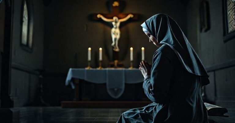Zdjęcie przedstawiające tradycyjną zakonnicę w modlitewie przed krzyżem w kaplicy. Scena podkreśla duchowy poświęcenie i heroizm życia zakonnego.