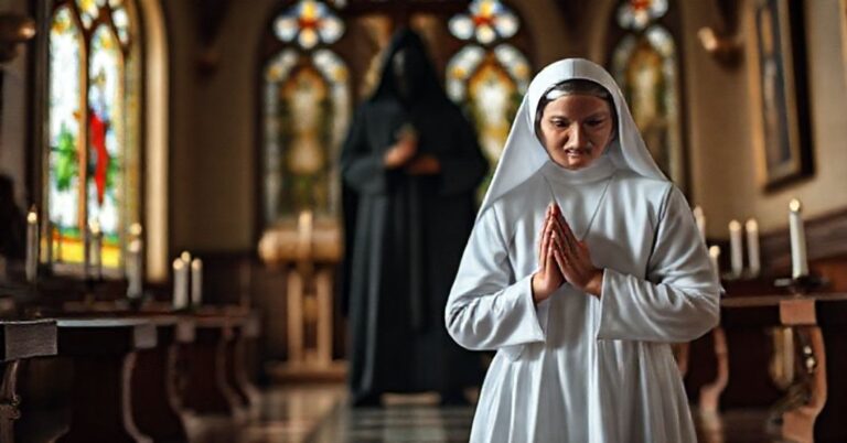 Tradycyjna katolicka zakonnica w białym habitie modli się w cichym kaplicy z witrażami i szkaplerzem, na tle zamglony napastnik.