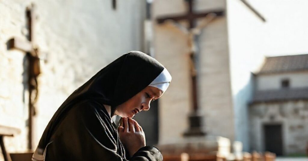 Katolicka zakonnica w tradycyjnym habitcie modli się przed krzyżem w cichym kościele