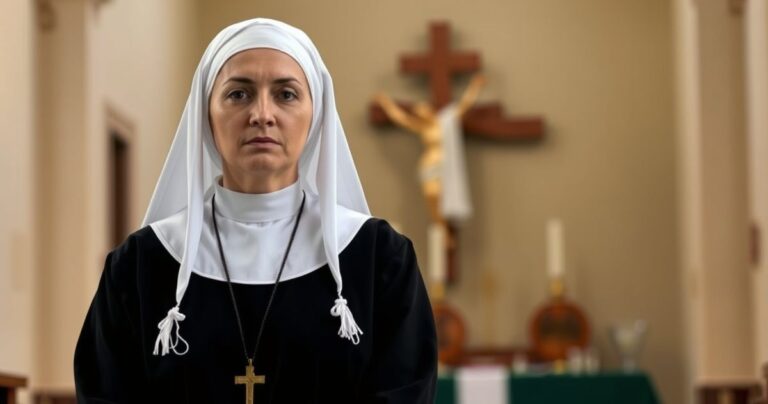 Fotografia realistyczna zakonnicy katolickiej w habitach, symbolizująca wierność moralnym naukom Kościoła w obliczu współczesnych wyzwań i krytyki.