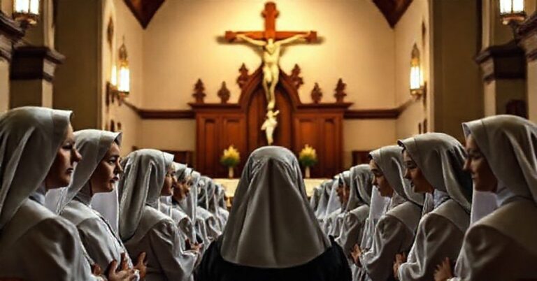 Grupa zakonnic w habitach modli się przed tabernakulum w tradycyjnym katolickim prezbiterium, symbolizując prawdziwą duchowość w odróżnieniu od nowość modernistycznych reinterpretacji.