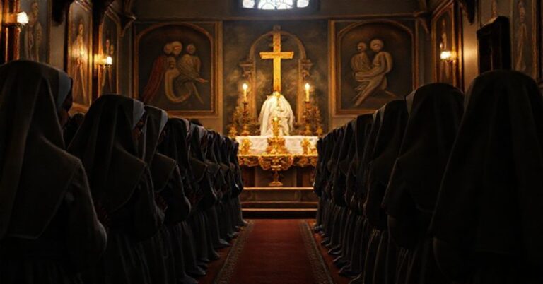 Grupa tradycyjnych zakonnic w habicie modlących się przed Najświętszym Sakramentem w ciemnym kościele
