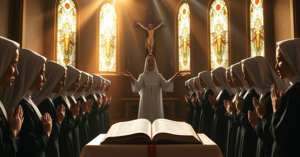 Zakonnice modlące się o pokój przed krucyfiksem w tradycyjnej kaplicy.