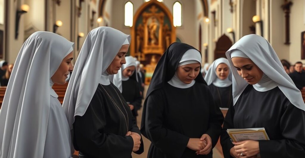 Zdjęcie realistycznych zakonnic w habitach, modlących się i pomagających w Ukrainie, ukazujące powagę i oddanie wiary katolickiej w obliczu wojny