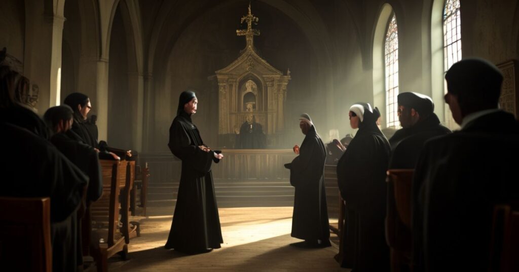 Ciemna wnętrze luteranckiego kościoła w Szwecji z podejrzanymi zakonnicami i proboszczem Öjermo. Scena przedstawia apostolską apostazję i polityczne manipulacje.