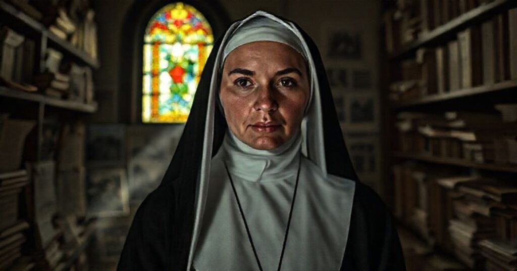 Portret zakonnicy w tradycyjnym habicie w archiwum klasztornym, symbolizujące walka o prawdę w obliczu rewizjonizmu modernistycznego.