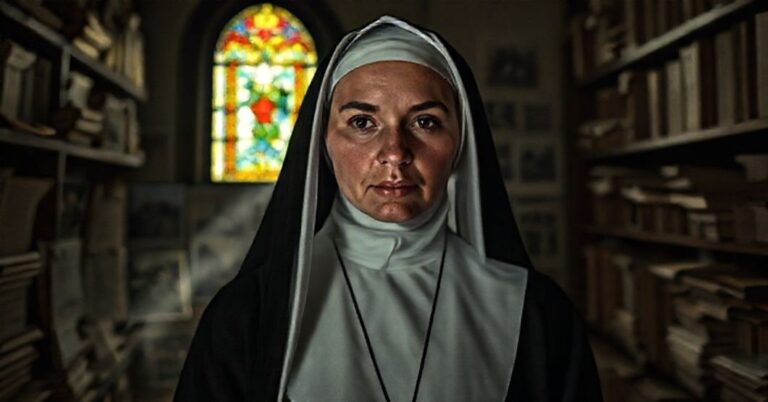 Portret zakonnicy w tradycyjnym habicie w archiwum klasztornym, symbolizujące walka o prawdę w obliczu rewizjonizmu modernistycznego.