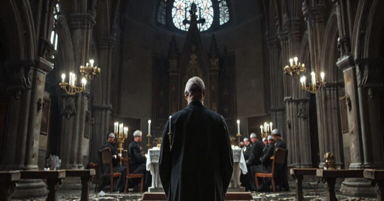 Sedevacantysta kapłan stoi z wyrazem smutku przed zdewaluowanym ołtarzem w kościele, otoczony modernistycznymi symbolami religijnymi i świeckimi wpływami