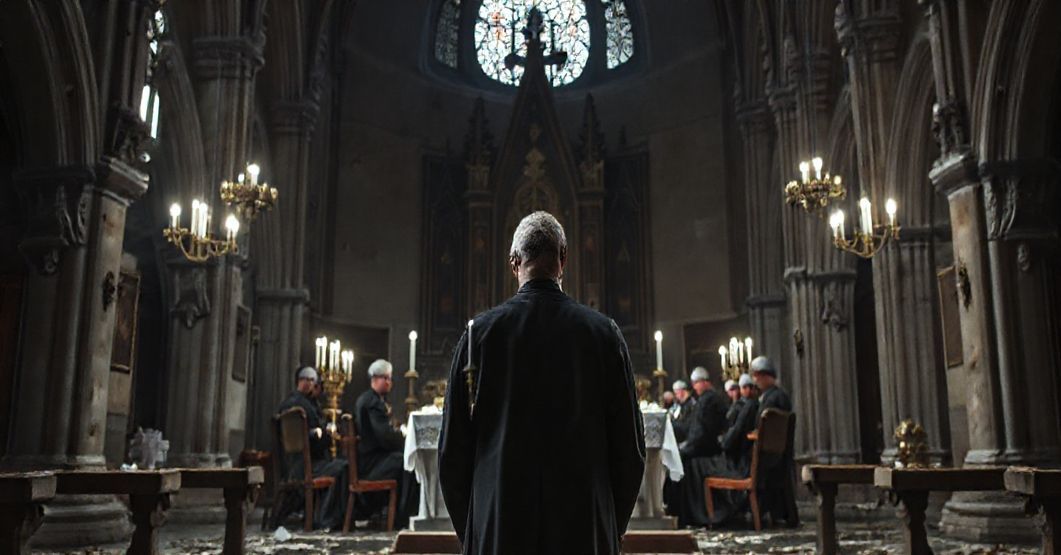 Sedevacantysta kapłan stoi z wyrazem smutku przed zdewaluowanym ołtarzem w kościele, otoczony modernistycznymi symbolami religijnymi i świeckimi wpływami
