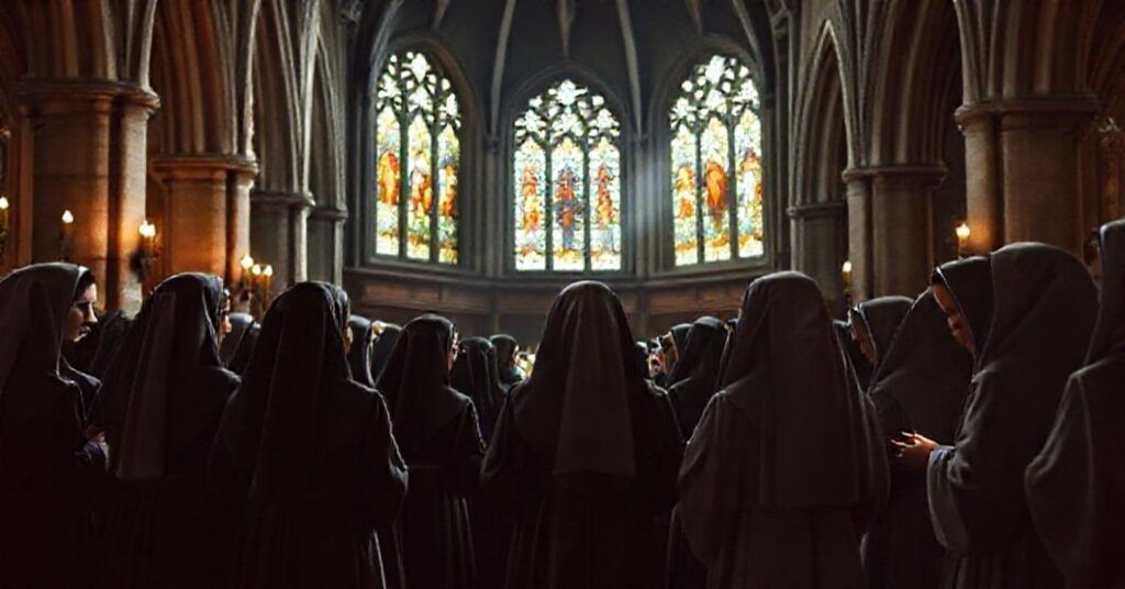 Grupa zakonników w habitach modli się w historycznym kościele gotyckim z kolorowymi witrażami.