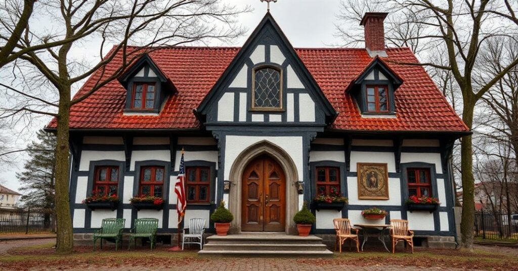 Tradycyjny zakonnik stojący przed starym kościołem, trzymający księgi Tradycji, symbolizujący wierność katolickiej nauce.