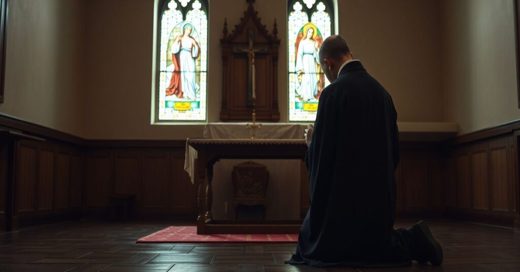 Prawdziwy zakonnik w habitach modli się w cichej kaplicy z witrażami przedstawiającymi Chrystusa i Matkę Boską.