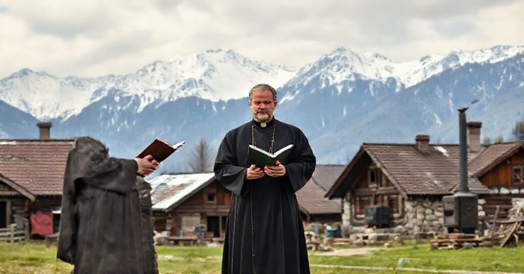 Zakopane - tradycyjny widok górskiej wioski z kontrastem między nowoczesnymi instalacjami geotermicznymi a starymi kopciuchami. Ksiądz w sutannie modli się na tle malowniczych polskich Tatr.