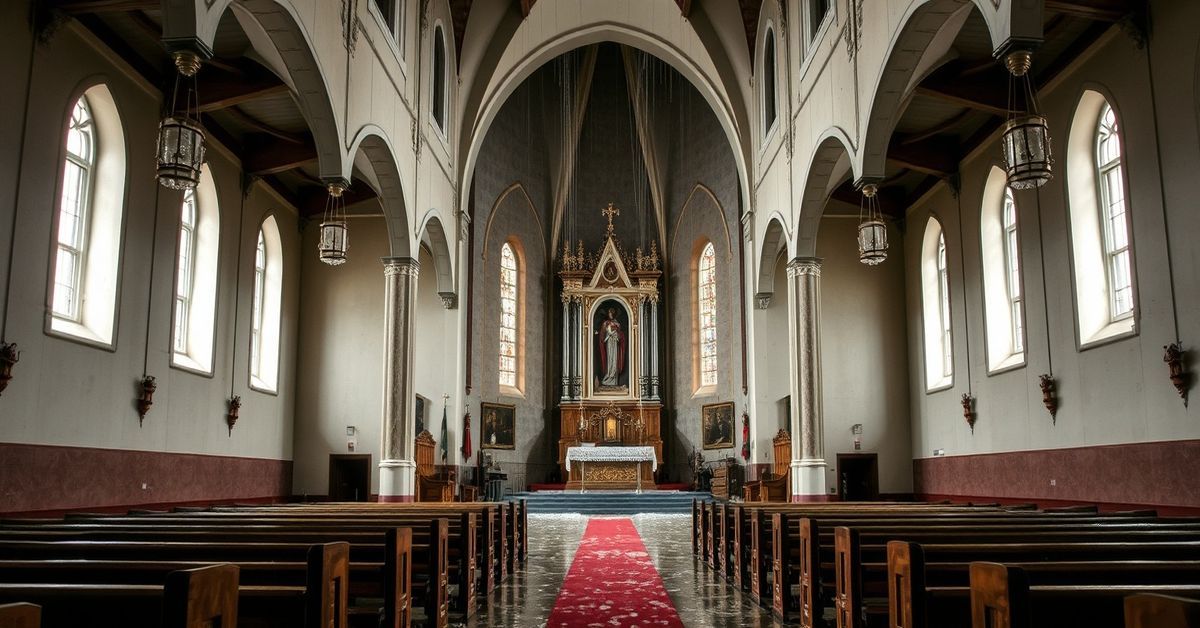 Zalanany kościół Najświętszego Serca Pana Jezusa w Mysłowicach, symbolizujący dewastację posoborową