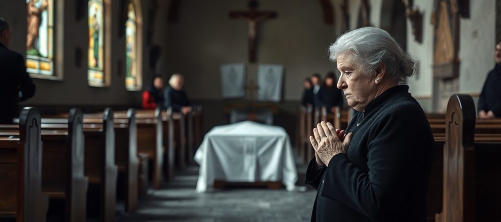 Stara kościół katolicki w Nakle nad Notecią z kobietą w żałobie modlącej się przed trumną bez widocznych sakramentów