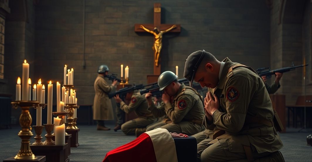 Uczestnicy wojskowi w modlitewnym skupieniu, żałoba nad poległymi żołnierzami, tradycyjna katolicka scena modlitewna w kaplicy, symbolizująca duchową opiekę i potrzebę sakramentów