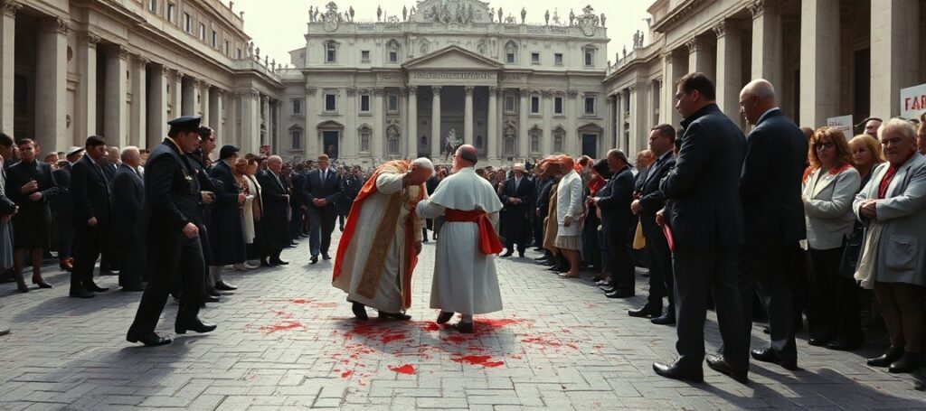 Obraz przedstawiający Plac św. Piotra w Watykanie podczas zamachu na Karola Wojtyłę 13 maja 1981 roku. Scena ukazuje krwawiącego uzurpatora otoczonego gwardią i przerażonym tłumem.
