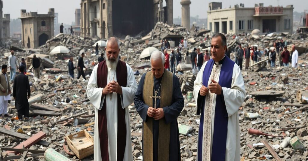 Scena po zamachu terrorystycznym w szyickim meczecie w Islamabadzie z katolickimi duchownymi modlącymi się za ofiary.