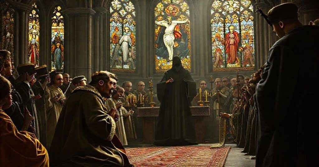 Realistyczny obraz zamachu na króla Zygmunta III Wazę w 1620 roku podczas uroczystej mszy świętej, podkreślający teologiczny wymiar zbrodni przeciwko pomazańcu Bożemu.