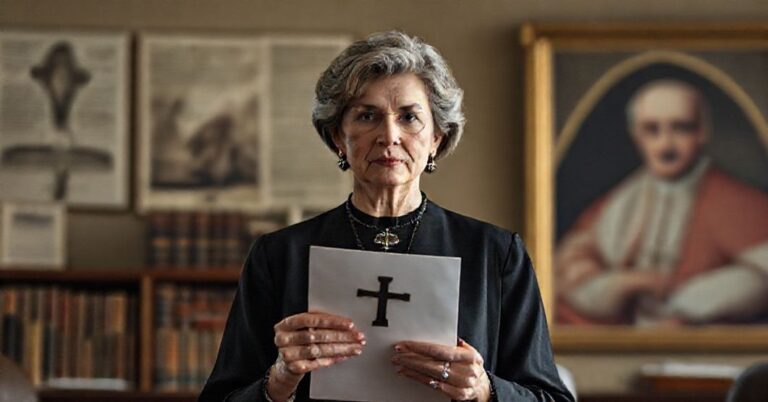 Kobieta katoliczka w tradycyjnym ubraniu stojąca w urzędowym pomieszczeniu z dokumentem i krzyżem, symbolizująca kompromis nowoczesny z katolicką moralnością