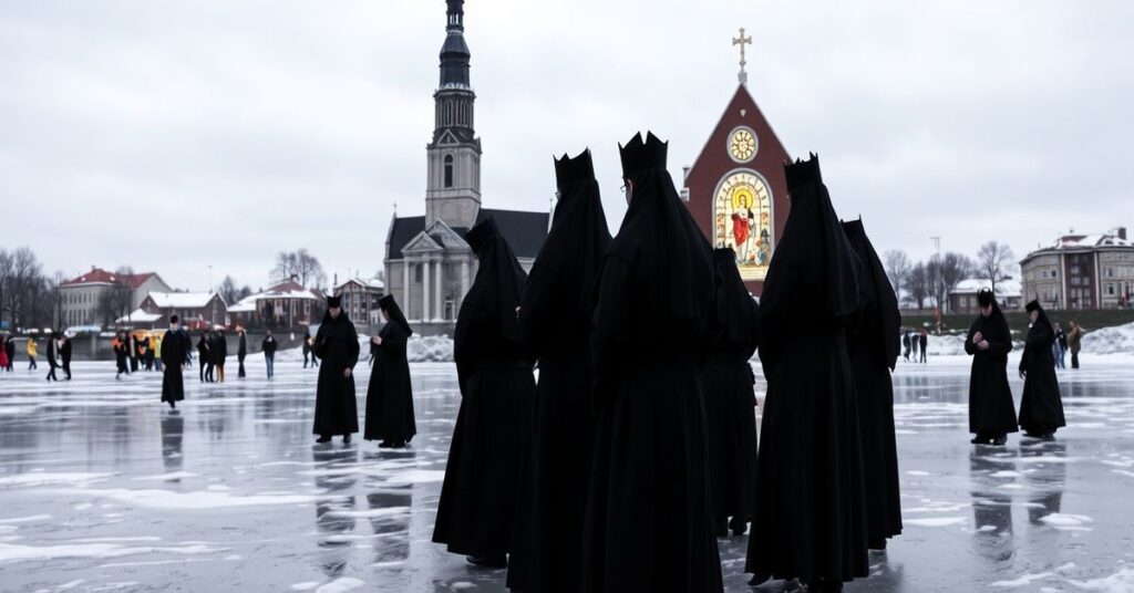 Zamarznięta Motława w Gdańsku z grupą księży modlących się o Boże miłosierdzie na tle nowoczesnych schronisk