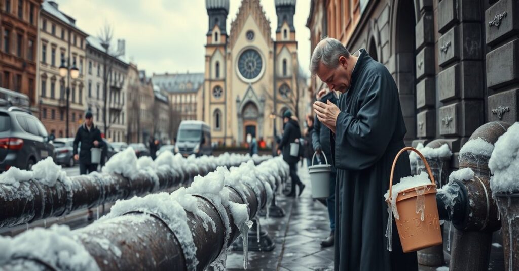Zamarznięte i pęknięte rury wodociągowe zimą w Warszawie na tle gotyckiej fasady kościoła z tradycyjnie ubieranym księdzem modlącym się wśród mieszkańców