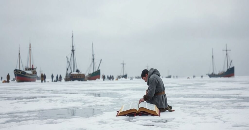Historyczne zdjęcie zamarzniętego Bałtyku z krzyżowcem modlącym się na lodzie, otoczonym wojskowymi obozami i okrętami uwięzionymi w lodzie. Scena nawiązuje do katolickiej teologii o boskim providencjonalizmie i wezwaniu do pokuty.