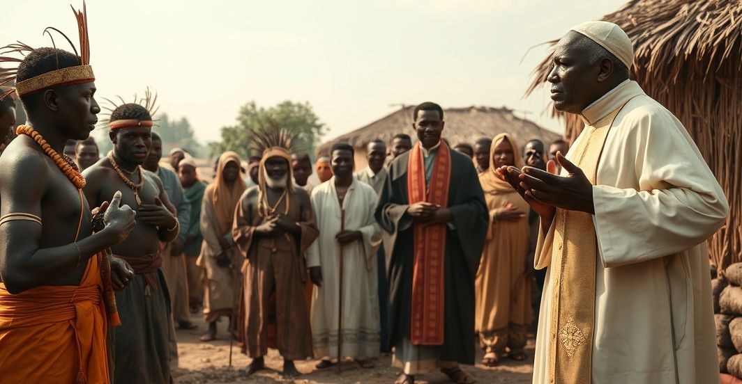 Duchowa walka katolickiego kapłana z szamanami w Zambii Realistyczny obraz afrykańskiej wioski z szamanami i katolickim kapłanem podczas modlitwy, ukazujący duchową walkę z siłami ciemności