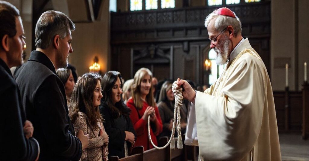 Grupa wierzących podczas odebrania Sznura Świętego Józefa w tradycyjnej katolickiej parafii, z kapłanem w szatach przedsoborowych.