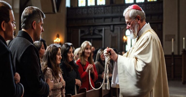 Grupa wierzących podczas odebrania Sznura Świętego Józefa w tradycyjnej katolickiej parafii, z kapłanem w szatach przedsoborowych.