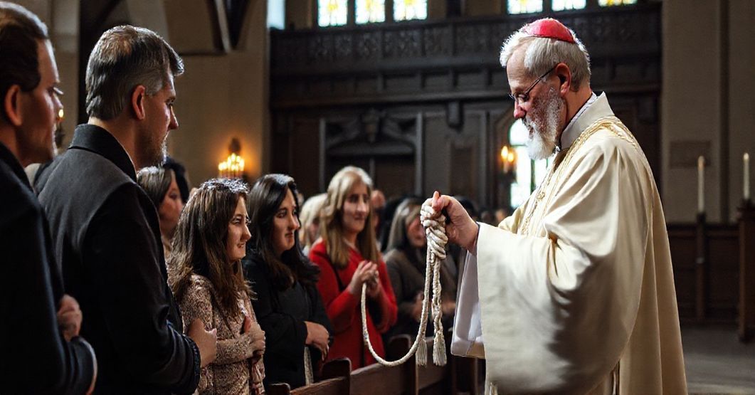 Grupa wierzących podczas odebrania Sznura Świętego Józefa w tradycyjnej katolickiej parafii, z kapłanem w szatach przedsoborowych.