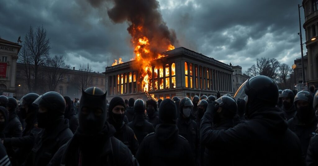 Realistyczny widok zamieszek w Turynie z 1 lutego 2026 roku: anarchiści walczący z policją przed płonącym centrum Askatasuna.