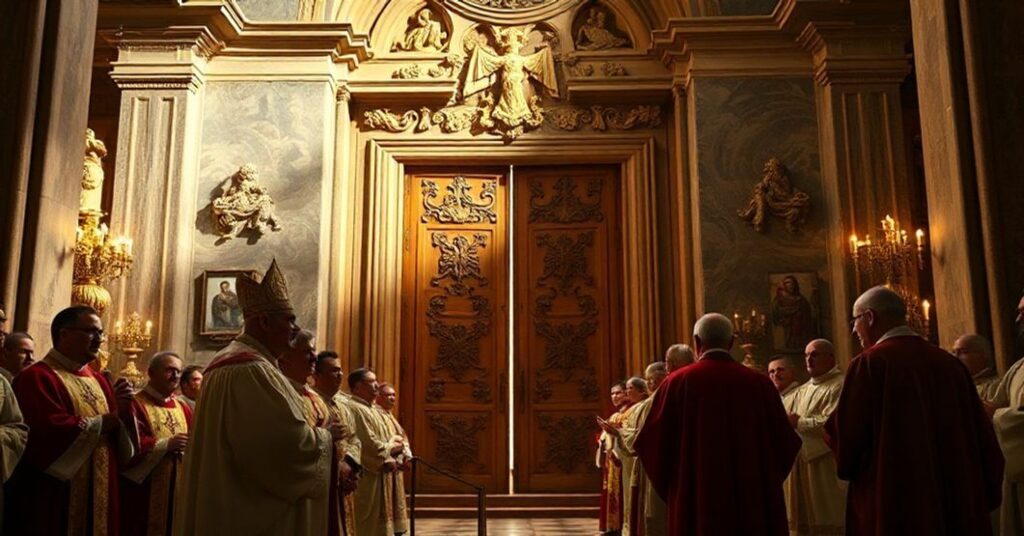 Uroczysty moment w tradycyjnej bazylice katolickiej podczas zamykania Drzwi Świętych przez usurpatorów w watykańskich szatach liturgicznych.