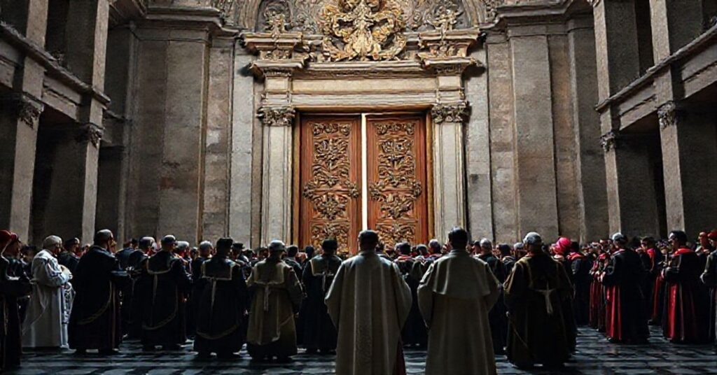 Serdeczne i wierne przedstawienie zamknięcia "Drzwi Świętych" w bazylikach rzymskich, ukazujące fałszywe ceremoniały i brak autentycznej pobożności katolickiej.