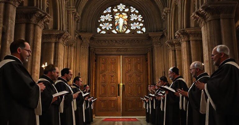 Grupa kleryków w tradycyjnych ornatach przed zamkniętymi Drzwiami Świętymi w historycznej kościele podczas zamknięcia fałszywego Roku Jubileuszowego.