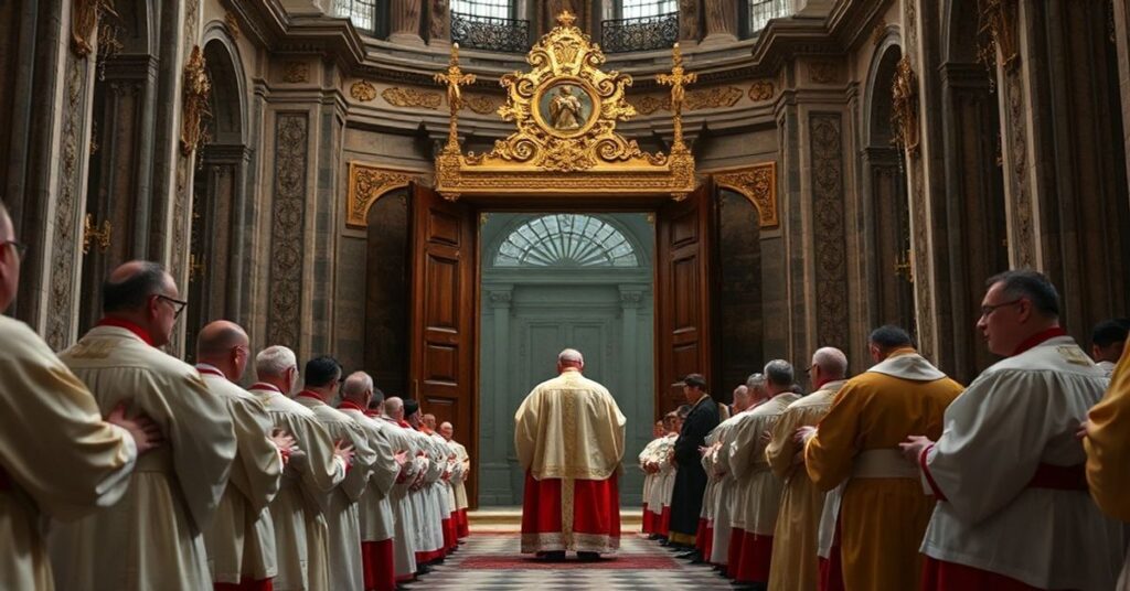 Wizerunek zamknięcia Drzwi Świętych w Bazylice Watykańskiej z udziałem 'abp' Diego Ravellego i innych hierarchów w pełnym stroju liturgicznym, symbolizujący pustą ceremonię i kryzys teologiczny nowej struktury Watykanu.