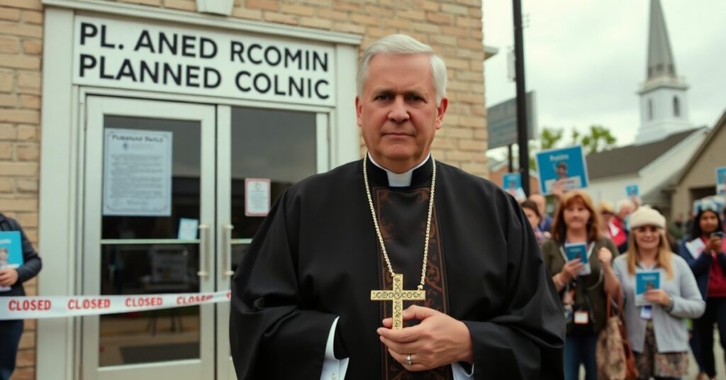 Ksiądz w tradycyjnym stroju liturgicznym stoi przed zamkniętym ośrodkiem Planned Parenthood, z grupą aktywistów pro-life modlących się na tle kościoła.