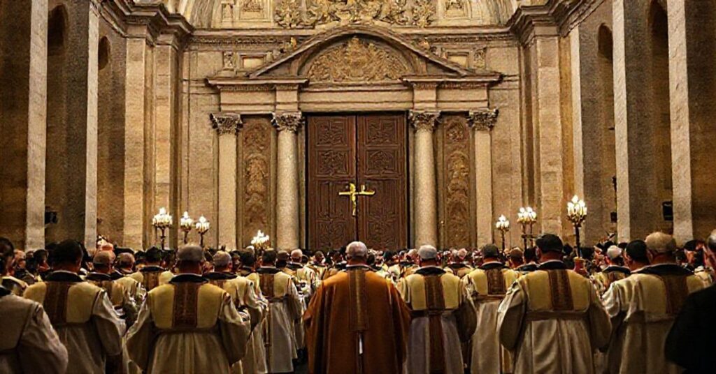 Sobótna procesja katolicka z zamkniętymi Drzwiami Świętymi w Rzymie, symbolizująca koniec fałszywego jubileuszu. Tradycyjny duchowny w ornacie modli się przed zamkniętymi drzwiami.