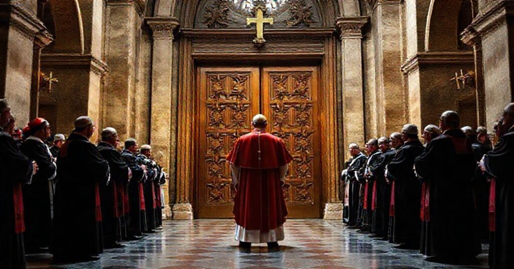 Scena zamknięcia fałszywych Drzwi Świętych w bazylice św. Pawła za Murami podczas Jubileuszu 2025, ilustrująca apostazję nowo-kościoła