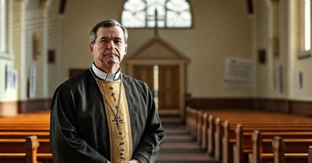 Ksiądz w tradycyjnych szatach kapłańskich stoi przed zamkniętym kościołem, symbolizującym naruszenie wolności religijnych podczas lockdownów pandemicznych. Scena jest oświetlona delikatnym światłem naturalnym, podkreślającą powagę i uroczystość momentu.