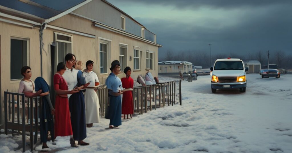 Zdjęcie przedstawiające zamknięty oddział położniczy w szpitalu wiejskim w Polsce z pustymi łóżeczkami i przyciemnionym oświetleniem. Na pierwszym planie stoi ginekolog Jacek Tulimowski z dokumentem w ręku. W tle grupa zmartwionych kobiet czeka z niepokojem, a w oddali widoczny jest karetka walcząca z zamieciami śnieżnymi. Obraz ukazuje kryzys moralny i humanitarny spowodowany likwidacją porodówek i wzrostem aborcji.