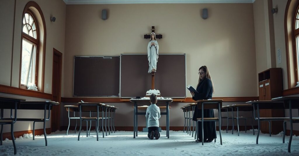 Pusty katolicki klasór szczednia z oknami pokrytymi śniegiem, krzyż wiszący na ścianie i modlący się student obok statuy Serca Pana Jezusa. Młoda matka trzyma tradycyjny katechizm.