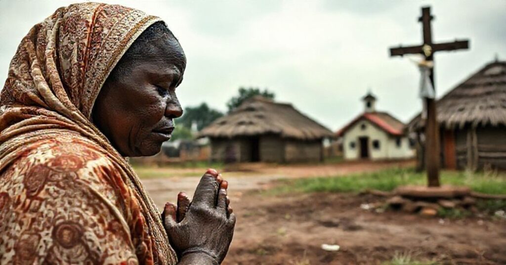 Zdjęcie przedstawiające zamknięcie 20 468 szkół w Nigerii po porwaniach uczniów, ukazujące katolicką matkę modlącą się przed krucyfiksem na tle wioski nigeryjskiej.