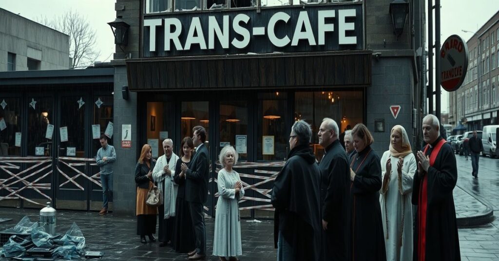 Zamknięte 'Trans*Café' w Bremie z barierami i rozbitymi oknami przed budynkiem.